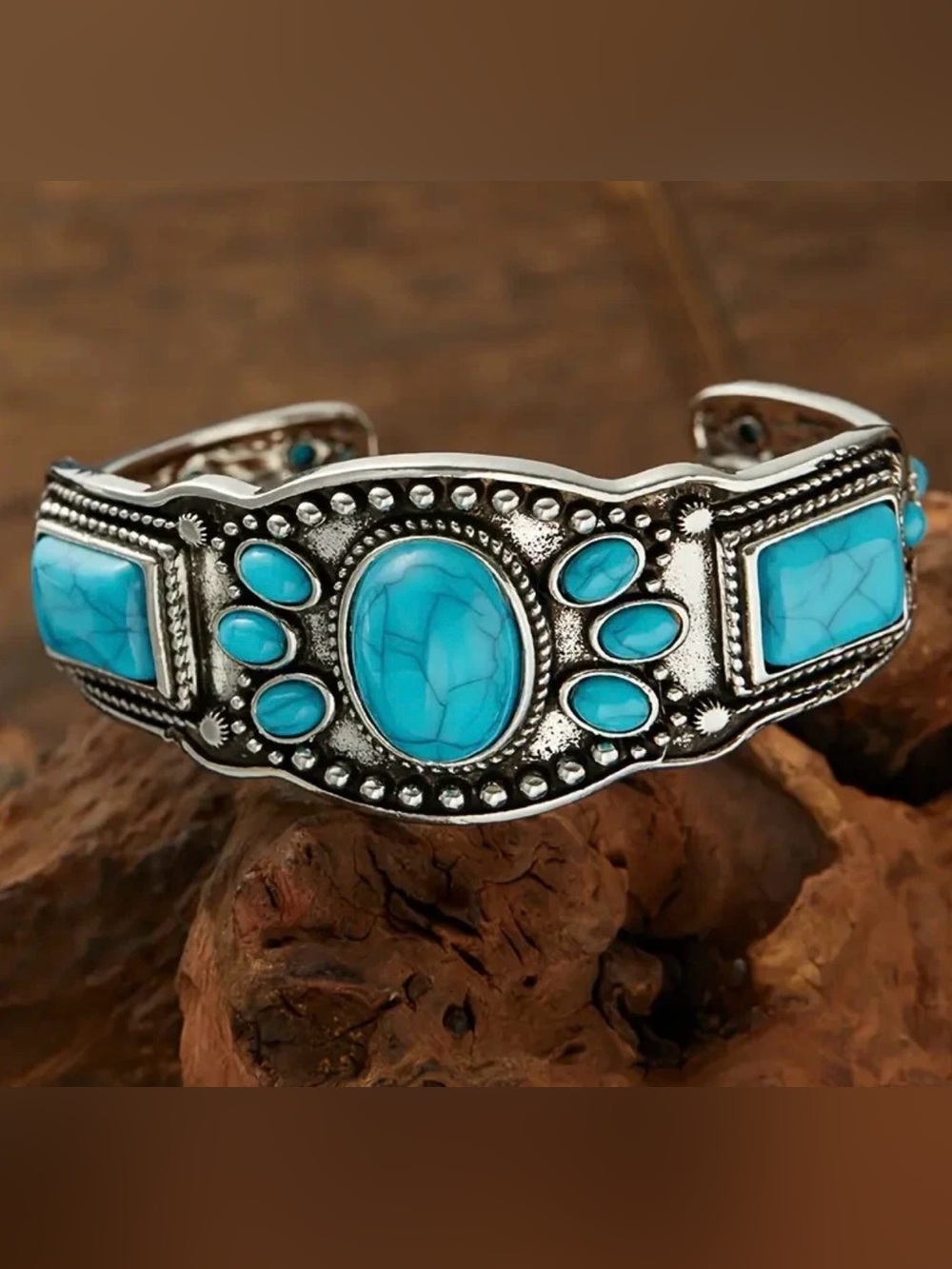 Boho Turquoise Stone & Silver-Accent Cuff Bracelet